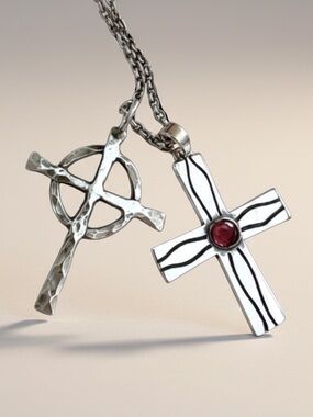 James Avery red stone carnelian cross pendant necklace set soft hammered wavy